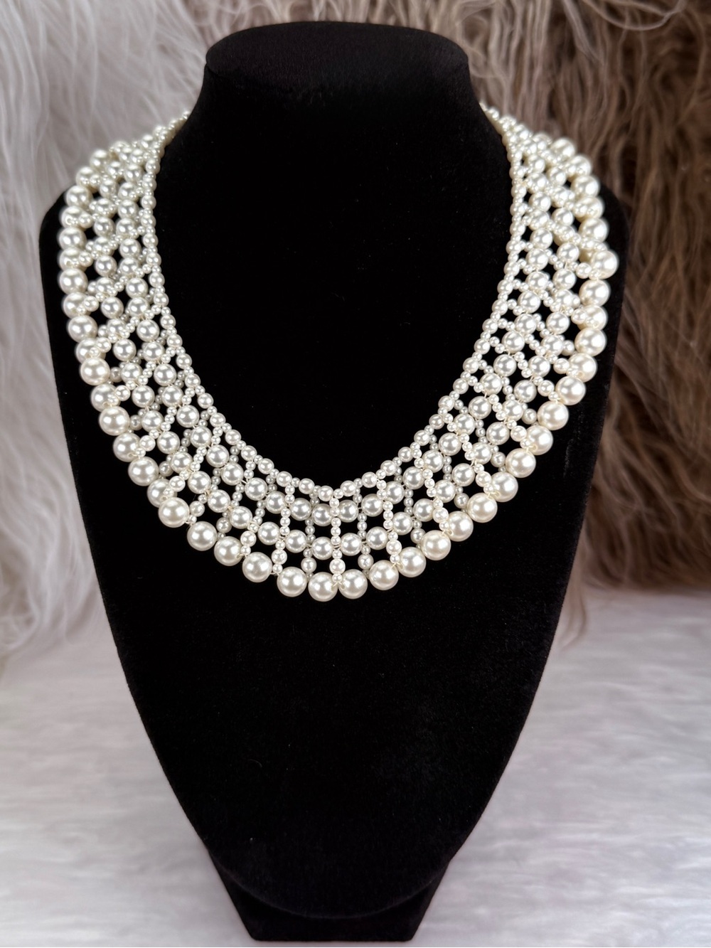 Vintage Faux Pearl Multi Strand Bib Collar Necklace Statement